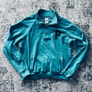 Pink Victoria’s Secret teal quarter zip logo sweatshirt with kangaroo po…